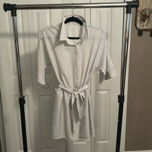 Striped Print Collared Romper Jumpsuit/ Casual Three-quarter Sleeve Tie Waist/